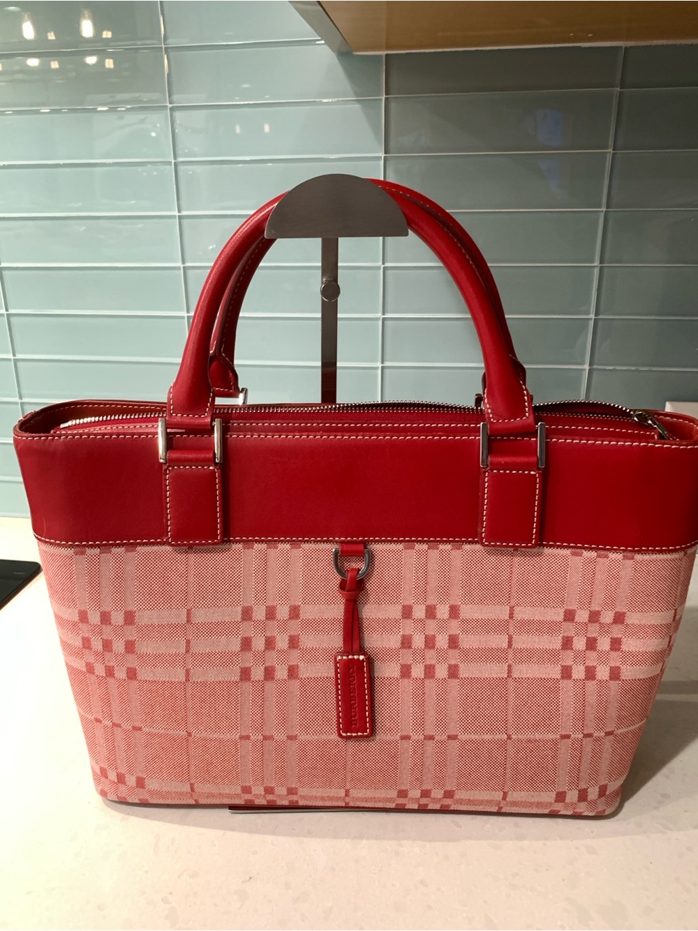 Burberry Red Denim Satchel Leather Trim Clean Interior Retail $4398 when new